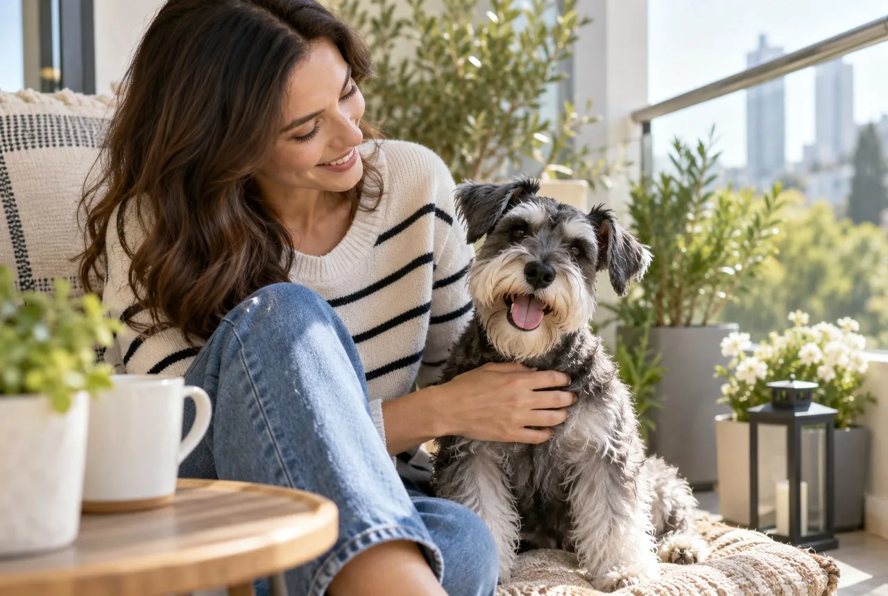Miniature schnauzer beside owner on patio